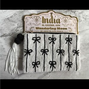 NWT Wandering Moon India Handmade Beaded Black White Bow Travel Pouch Bag Viral